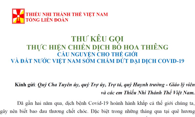 THIẾU NHI THÁNH THỂ VIỆT NAM: THƯ KÊU GỌI THỰC HIỆN CHIẾN DỊCH BÓ HOA