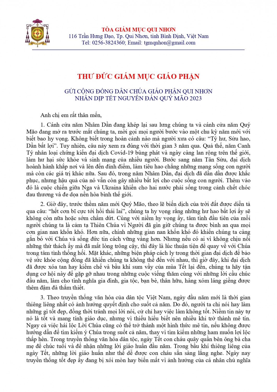THƯ ĐỨC GIÁM MỤC GIÁO PHẬN QUI NHƠN GỞI CỘNG ĐỒNG DÂN CHÚA NHÂN DỊP TẾT