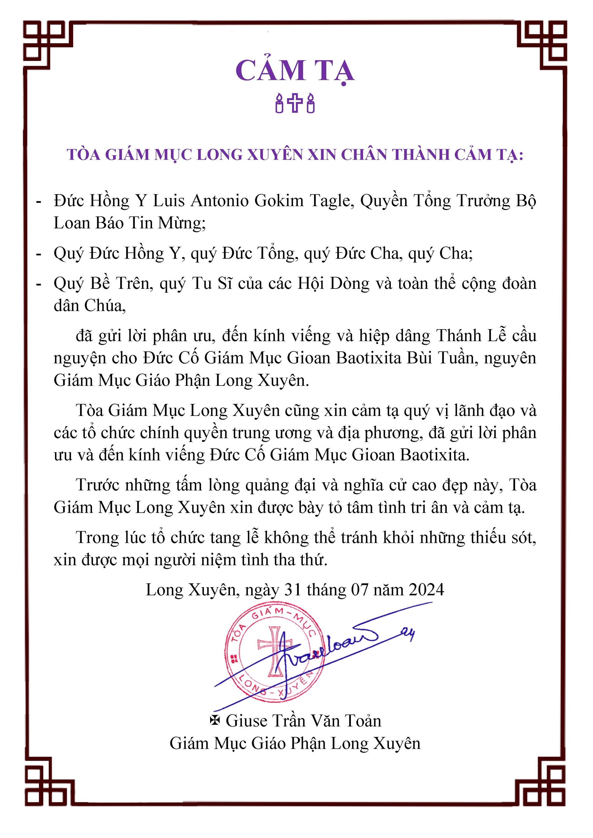 Lời cảm tạ của Tòa Giám Mục Long Xuyên